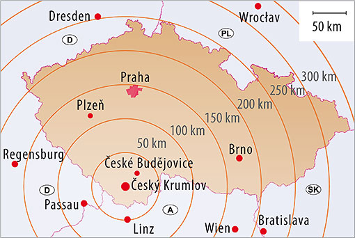 Český Krumlov and Czech Republic, map