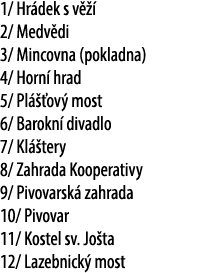 1/ Hr dek s v   2/ Medv di 3/ Mincovna (pokladna) 4/ Horn  hrad 5/ Pl   ov  most 6/ Barokn  divadlo 7/ Kl  tery 8/ Z...