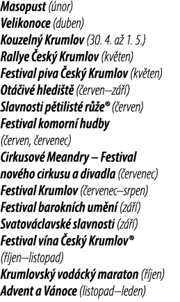 Masopust ( nor) Velikonoce (duben) Kouzeln Krumlov (30. 4. a  1. 5.) Rallye  esk  Krumlov (kv ten) Festival piva  es...