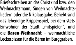 Briefeschreiben an das Christkind bzw. den Weihnachtsmann, Singen von Weihnachts­liedern oder die Nikolaus­gabe. Beli...