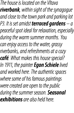 The house is located on the Vltava riverbank, within sight of the synagogue and close to the town park and parking lo...