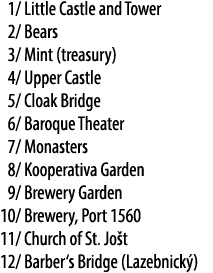 01/ Little Castle and Tower 02/ Bears 03/ Mint (treasury) 04/ Upper Castle 05/ Cloak Bridge 06/ Baroque Theater 07/ M...